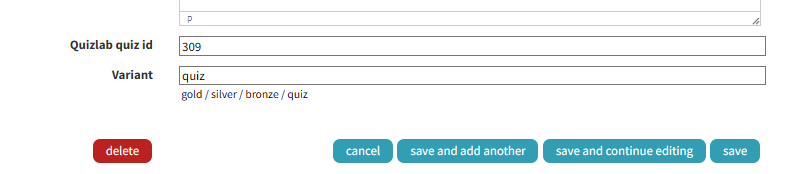 Quiz ID set to 309 and Variant set to quiz