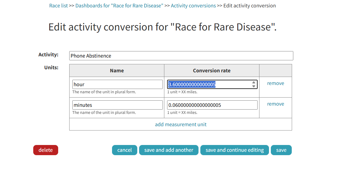 Edit custom activity conversion form for Phone Abstinence with hour and minutes units
