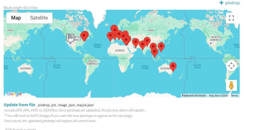 Google Map showing multiple red pindrop markers placed along a global virtual route