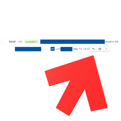 Stripe payment row showing a succeeded $35 donation with refund button